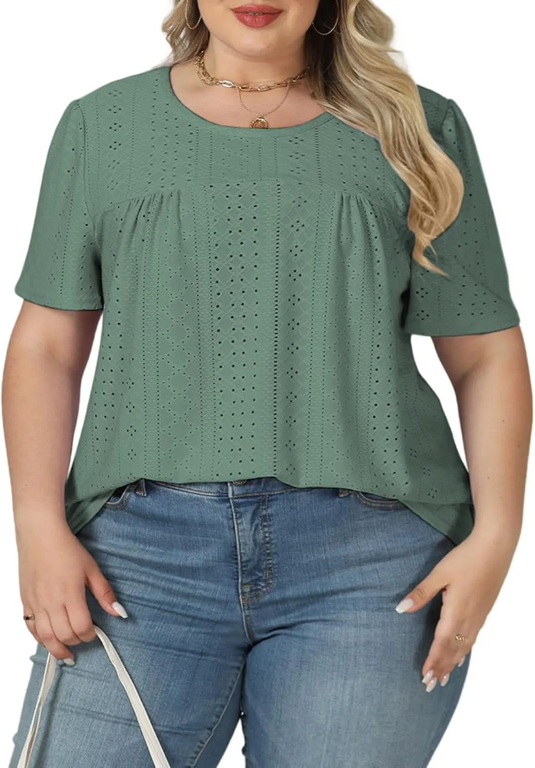 VISLILY Womens-Plus-Size-Summer-Tops Trendy Eyelet Embroidery T Shirts Cute Curved Hem Tunics Casual Short Sleeve Blouse Tees