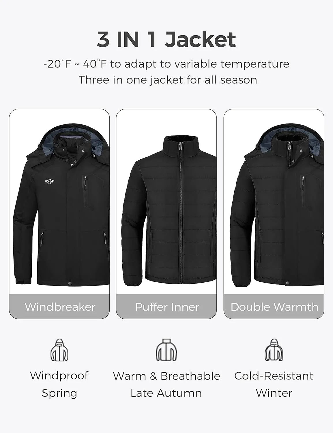 Wantdo Men's Waterproof 3-in-1 Ski Jacket Warm Winter Snow Coat Windproof Rain Jackets Snowboarding Jackets