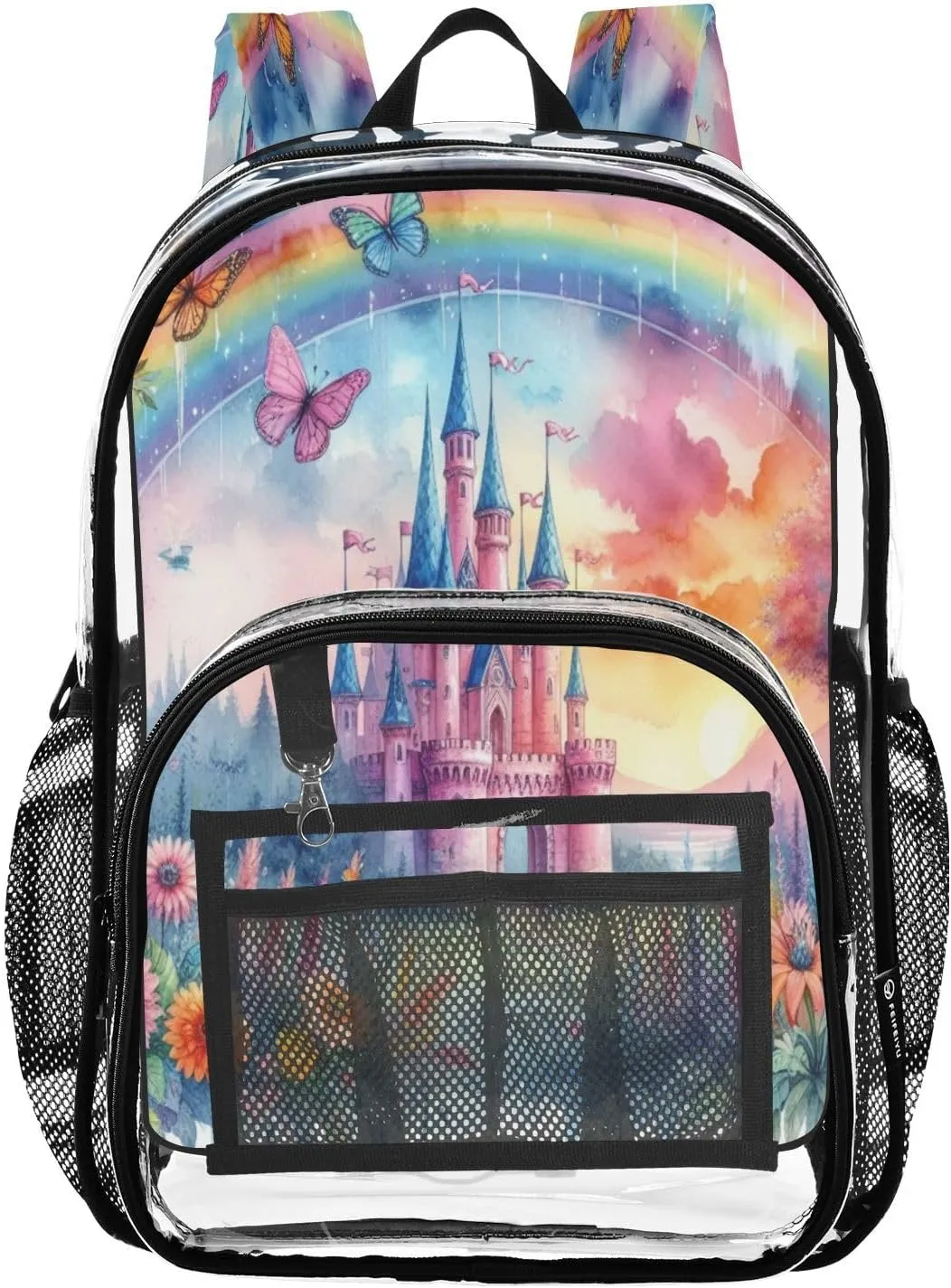 Watercolor Fairy Castle Clear Backpack with Back Print, Heavy Duty See Through Backpacks PVC Transparent Daypack for Travel Security