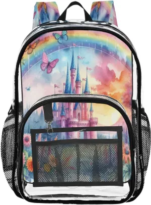 Watercolor Fairy Castle Clear Backpack with Back Print, Heavy Duty See Through Backpacks PVC Transparent Daypack for Travel Security