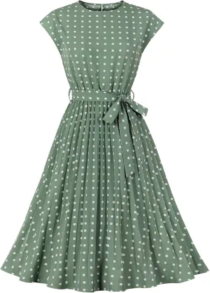 Wellwits Women's Cap Sleeves Pleated 40s 50s Vintage Dress