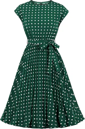 Wellwits Women's Cap Sleeves Pleated 40s 50s Vintage Dress
