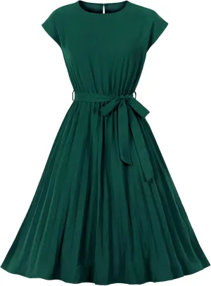 Wellwits Women's Cap Sleeves Pleated 40s 50s Vintage Dress