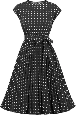 Wellwits Women's Cap Sleeves Pleated 40s 50s Vintage Dress