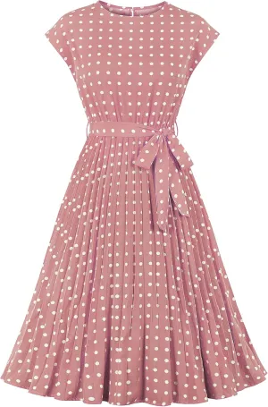 Wellwits Women's Cap Sleeves Pleated 40s 50s Vintage Dress