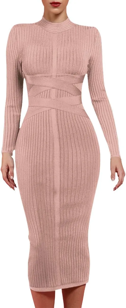 whoinshop Women's Cross Strap Ribbed Bandage Long Sleeve Midi Fall Winter Bodycon Party Dress