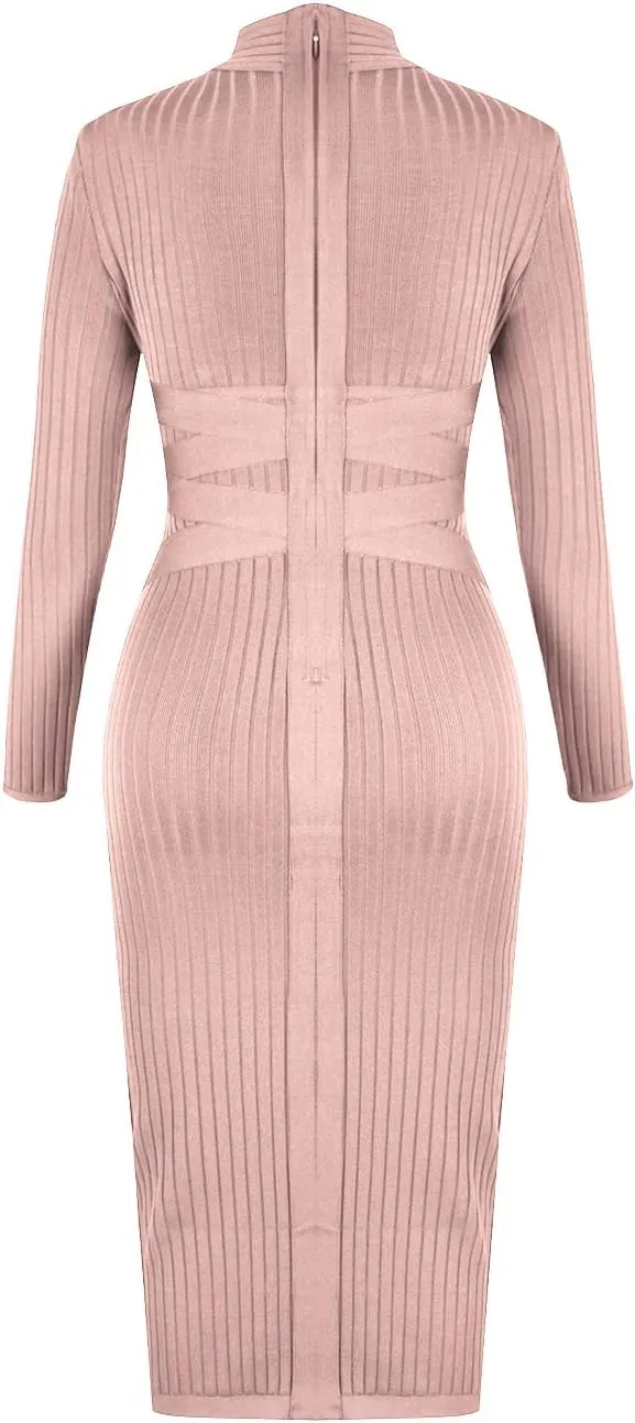 whoinshop Women's Cross Strap Ribbed Bandage Long Sleeve Midi Fall Winter Bodycon Party Dress