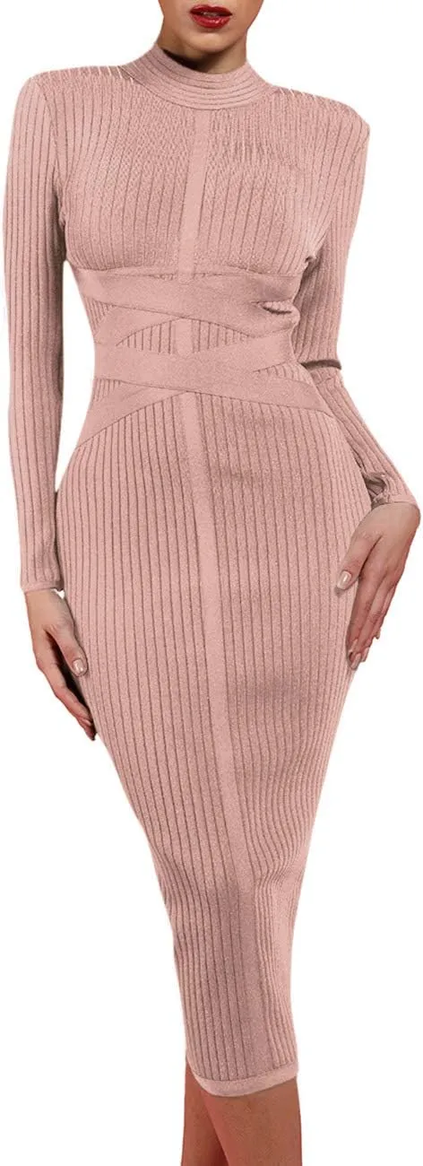 whoinshop Women's Cross Strap Ribbed Bandage Long Sleeve Midi Fall Winter Bodycon Party Dress