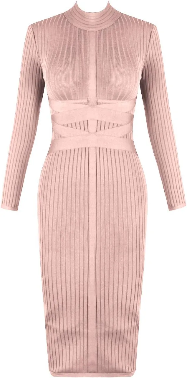 whoinshop Women's Cross Strap Ribbed Bandage Long Sleeve Midi Fall Winter Bodycon Party Dress