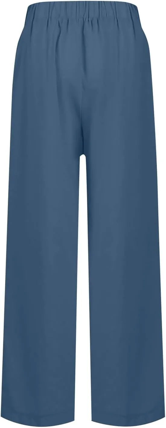 Wide Leg Pants for Women Linen Cotton Summer Flowy High Waisted Drawstring Yoga Pants Baggy Trousers with Pockets
