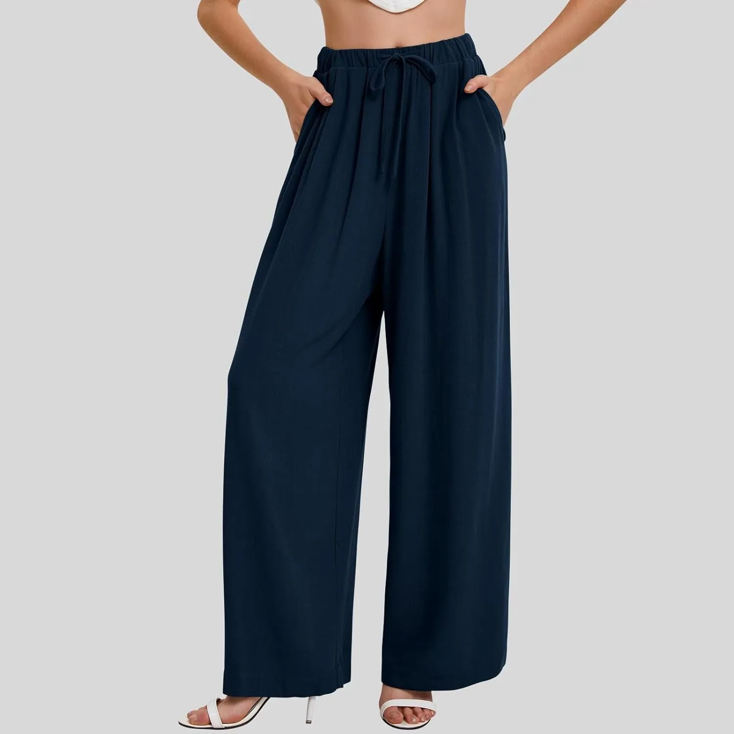 Wide Leg Pants for Women Linen Cotton Summer Flowy High Waisted Drawstring Yoga Pants Baggy Trousers with Pockets