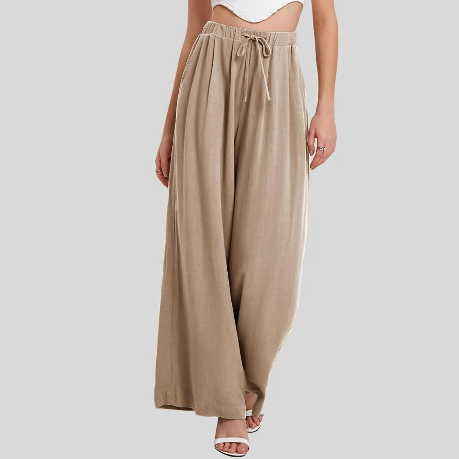 Wide Leg Pants for Women Linen Cotton Summer Flowy High Waisted Drawstring Yoga Pants Baggy Trousers with Pockets