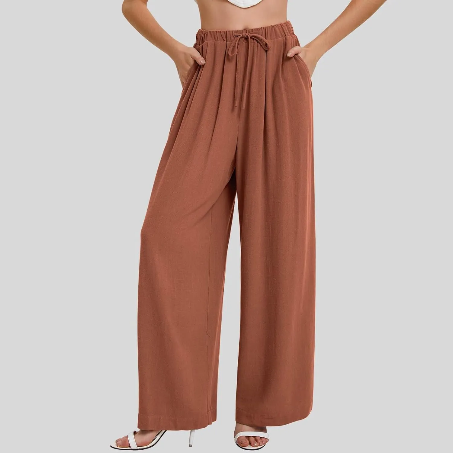 Wide Leg Pants for Women Linen Cotton Summer Flowy High Waisted Drawstring Yoga Pants Baggy Trousers with Pockets