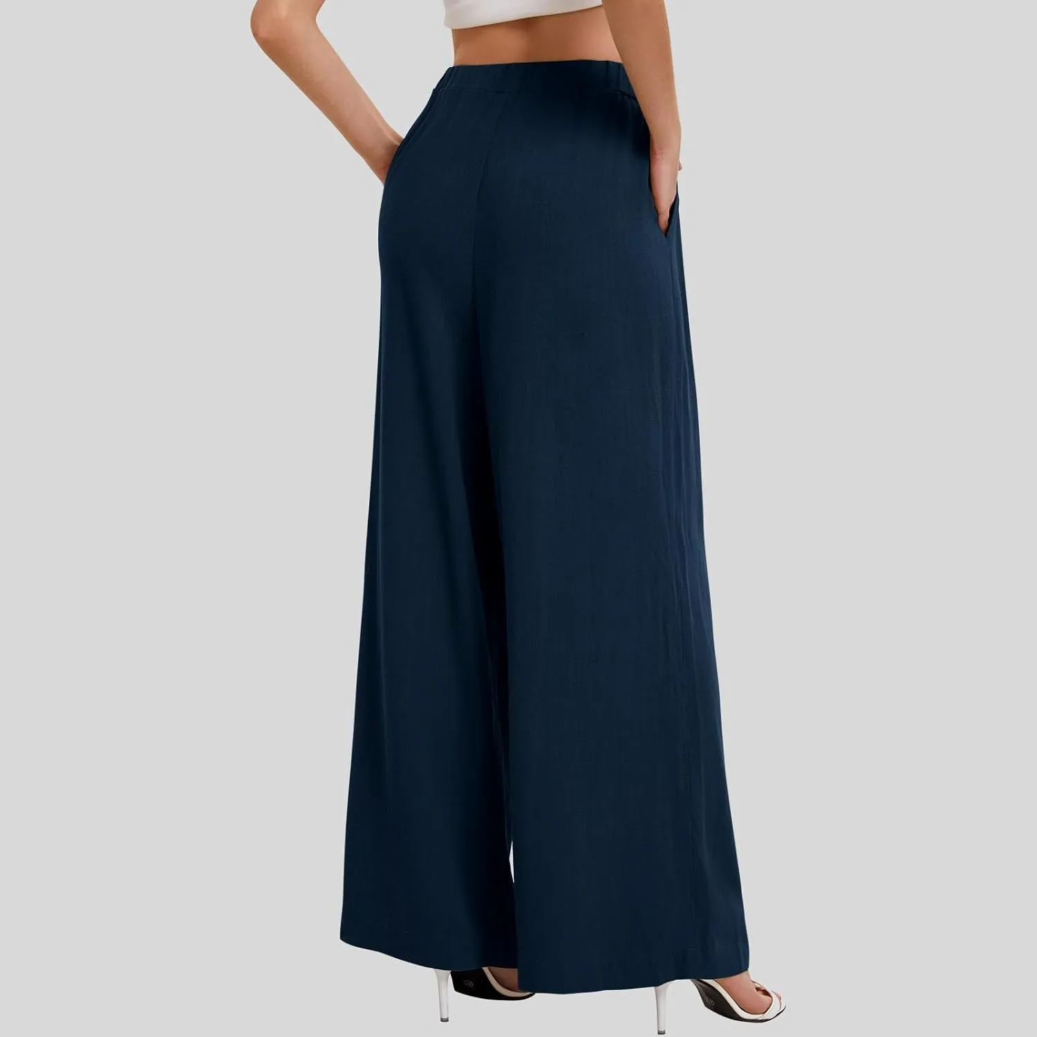 Wide Leg Pants for Women Linen Cotton Summer Flowy High Waisted Drawstring Yoga Pants Baggy Trousers with Pockets