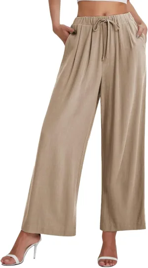 Wide Leg Pants for Women Linen Cotton Summer Flowy High Waisted Drawstring Yoga Pants Baggy Trousers with Pockets