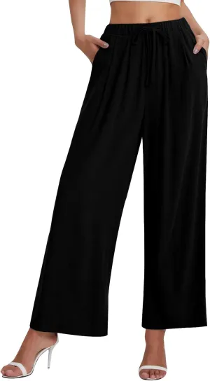 Wide Leg Pants for Women Linen Cotton Summer Flowy High Waisted Drawstring Yoga Pants Baggy Trousers with Pockets