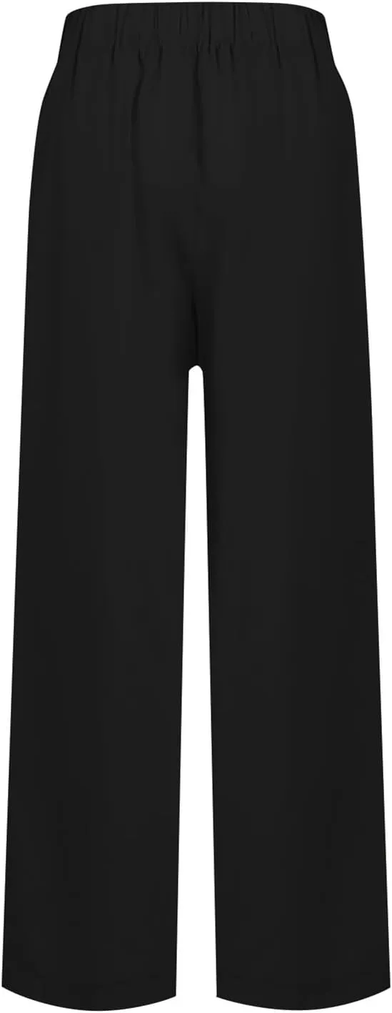 Wide Leg Pants for Women Linen Cotton Summer Flowy High Waisted Drawstring Yoga Pants Baggy Trousers with Pockets