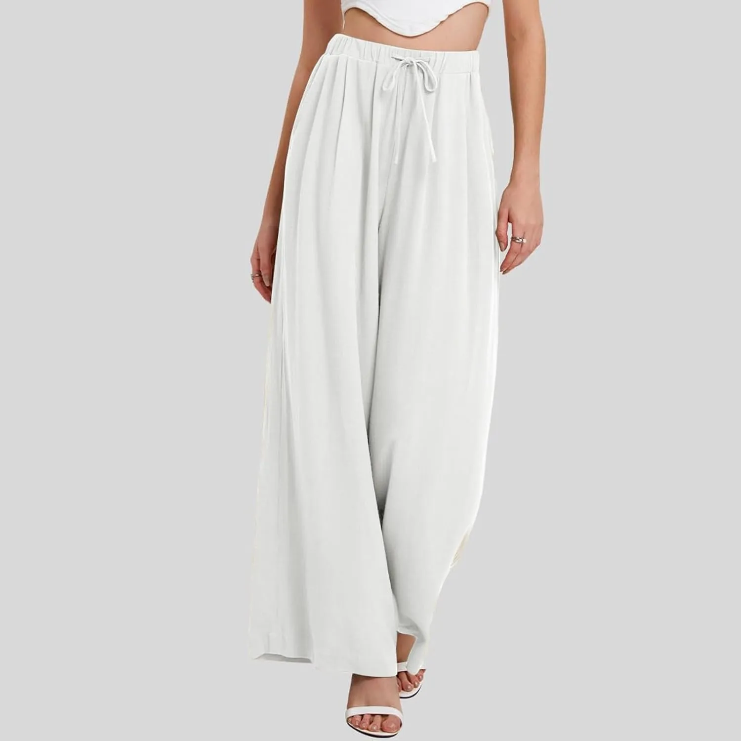 Wide Leg Pants for Women Linen Cotton Summer Flowy High Waisted Drawstring Yoga Pants Baggy Trousers with Pockets