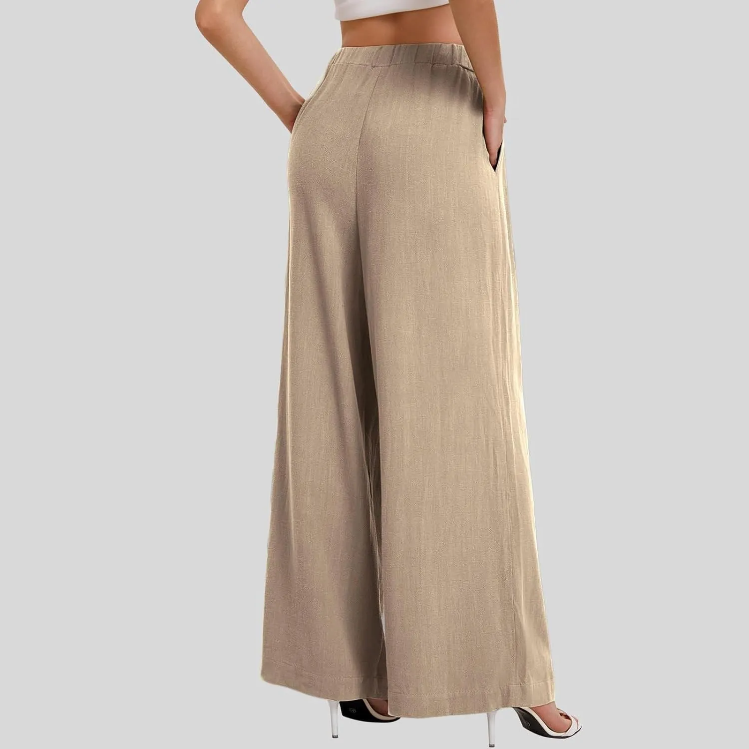 Wide Leg Pants for Women Linen Cotton Summer Flowy High Waisted Drawstring Yoga Pants Baggy Trousers with Pockets