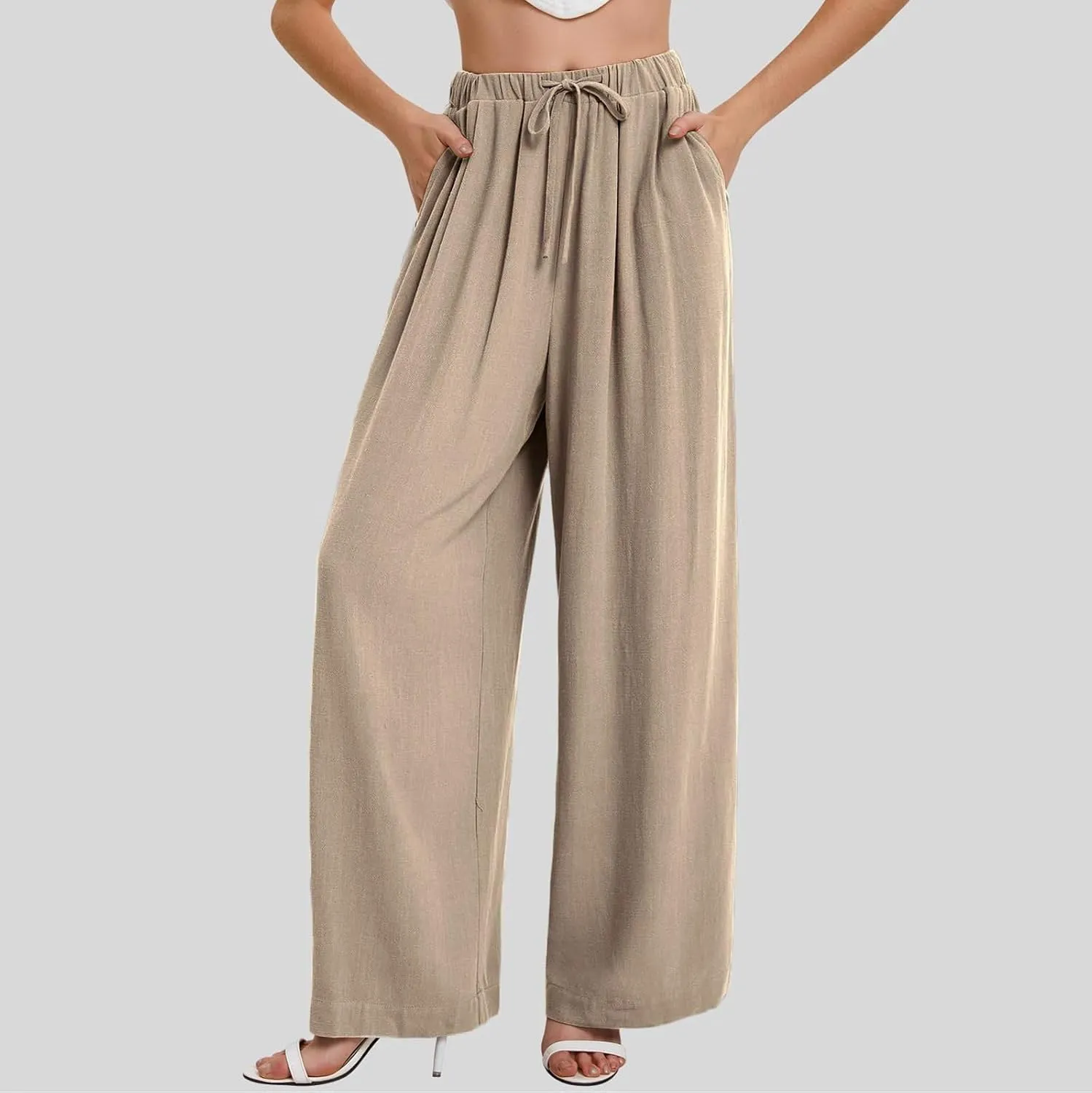 Wide Leg Pants for Women Linen Cotton Summer Flowy High Waisted Drawstring Yoga Pants Baggy Trousers with Pockets