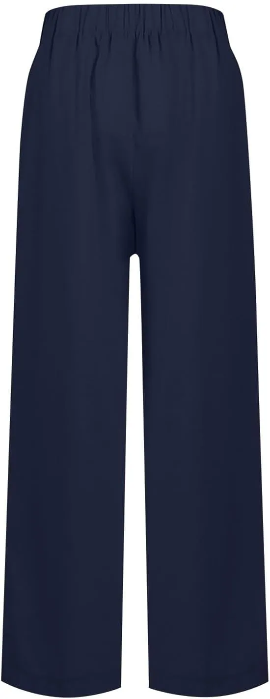 Wide Leg Pants for Women Linen Cotton Summer Flowy High Waisted Drawstring Yoga Pants Baggy Trousers with Pockets