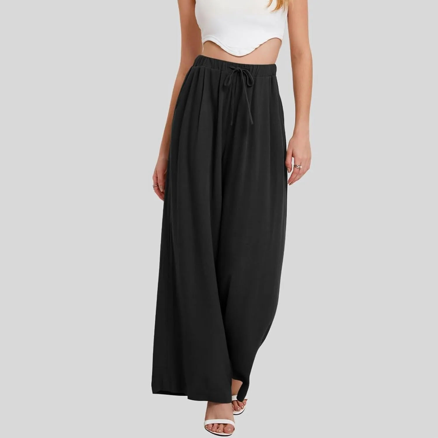 Wide Leg Pants for Women Linen Cotton Summer Flowy High Waisted Drawstring Yoga Pants Baggy Trousers with Pockets
