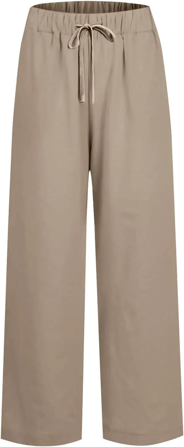 Wide Leg Pants for Women Linen Cotton Summer Flowy High Waisted Drawstring Yoga Pants Baggy Trousers with Pockets