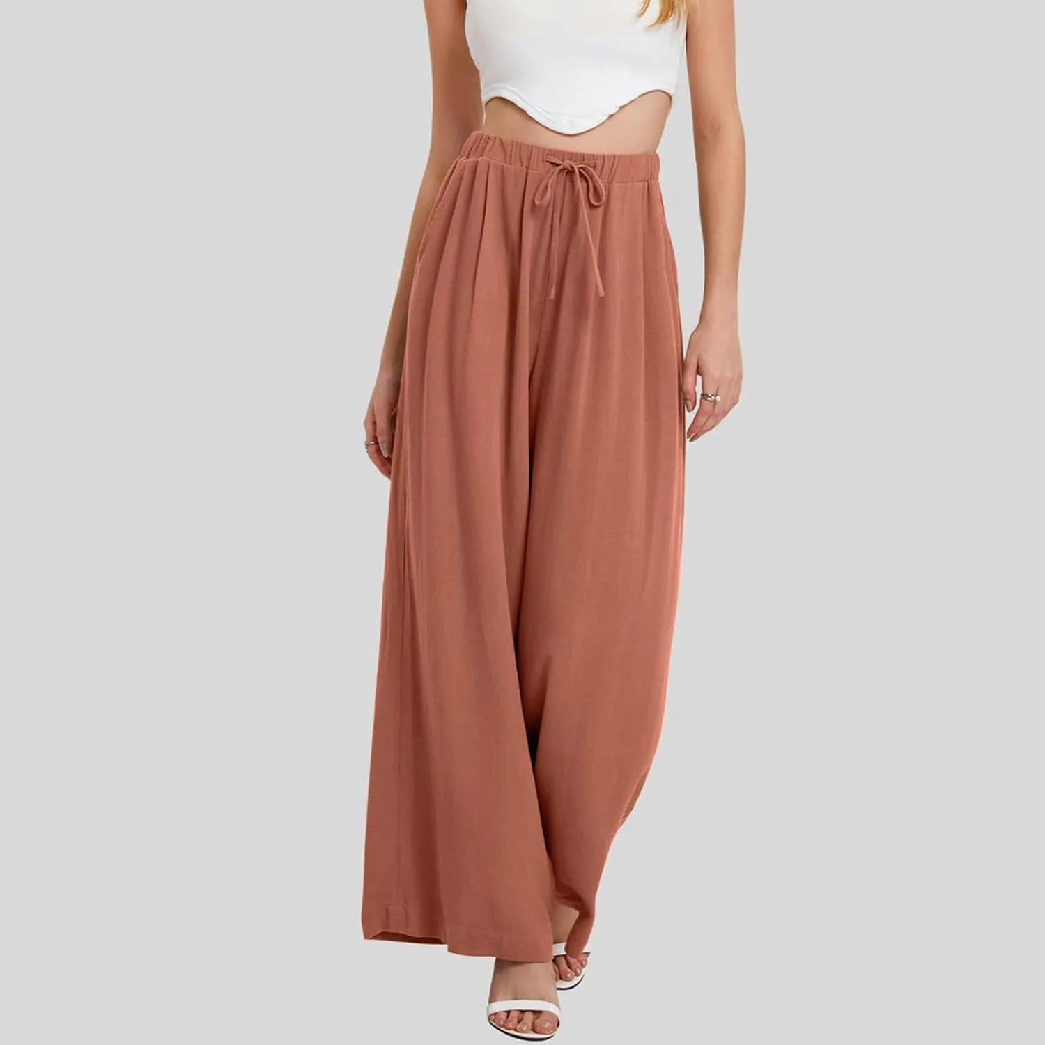 Wide Leg Pants for Women Linen Cotton Summer Flowy High Waisted Drawstring Yoga Pants Baggy Trousers with Pockets