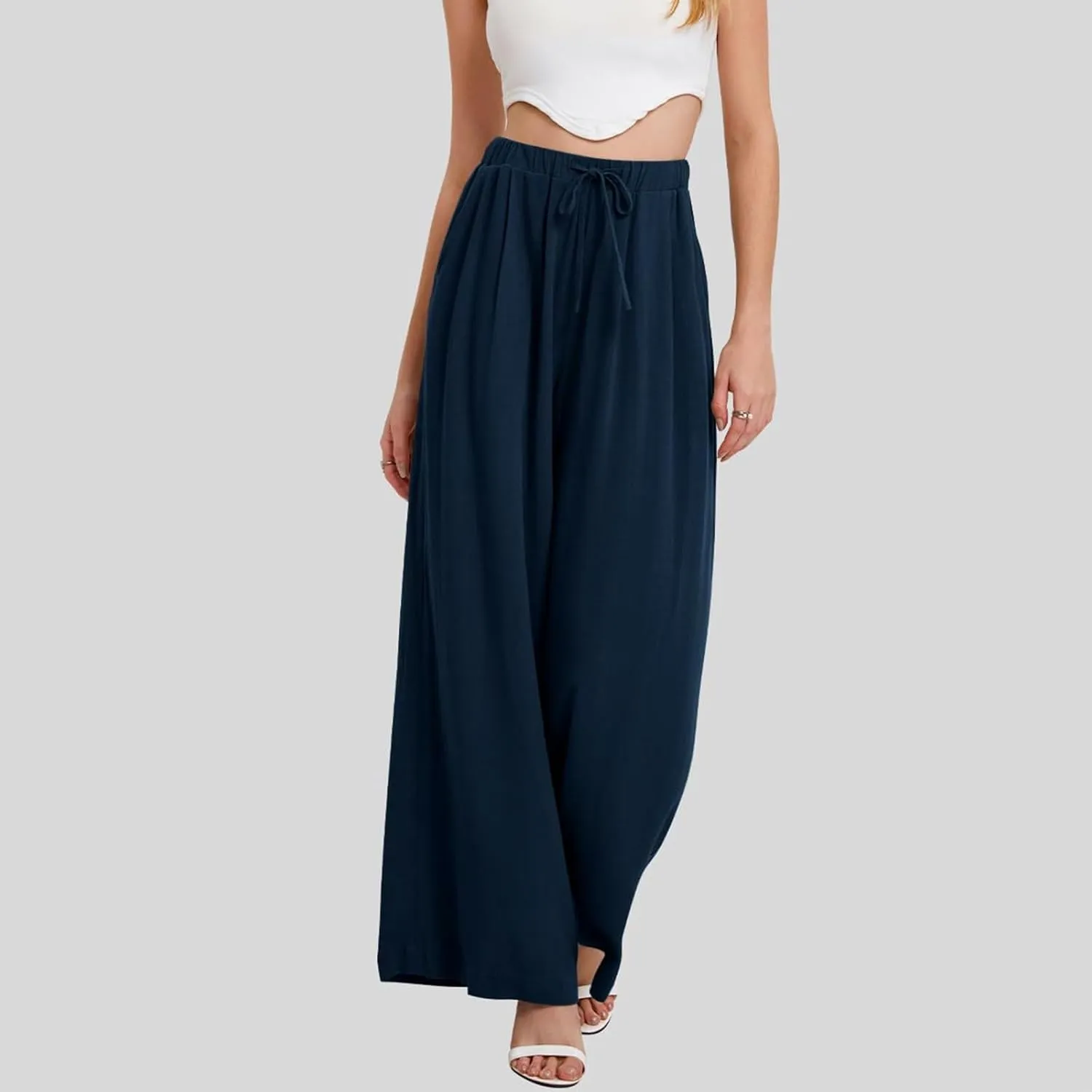 Wide Leg Pants for Women Linen Cotton Summer Flowy High Waisted Drawstring Yoga Pants Baggy Trousers with Pockets