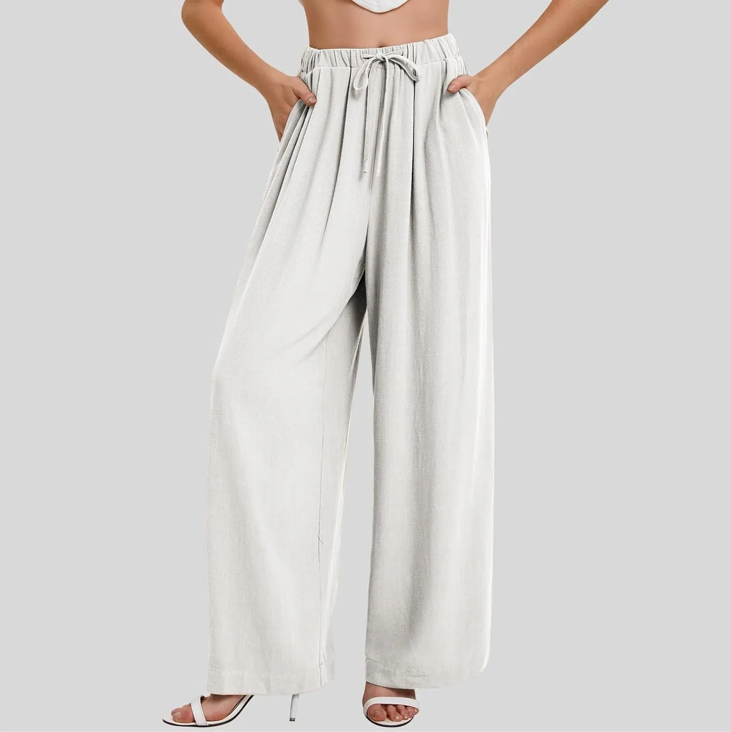 Wide Leg Pants for Women Linen Cotton Summer Flowy High Waisted Drawstring Yoga Pants Baggy Trousers with Pockets