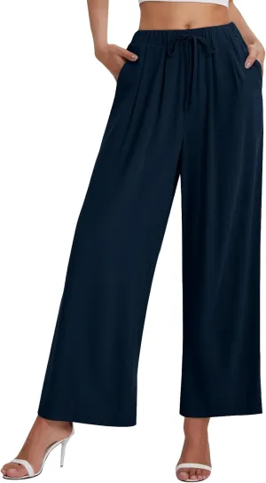 Wide Leg Pants for Women Linen Cotton Summer Flowy High Waisted Drawstring Yoga Pants Baggy Trousers with Pockets