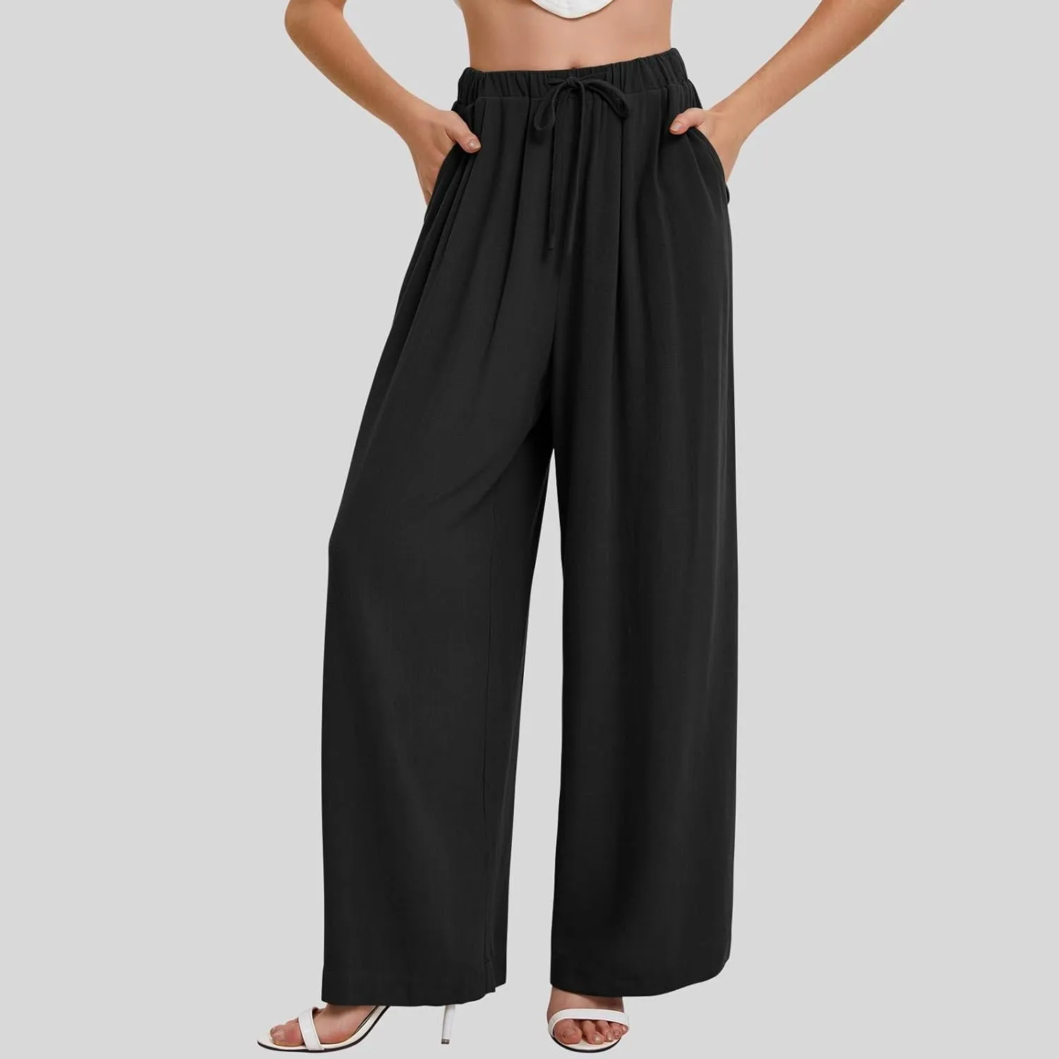 Wide Leg Pants for Women Linen Cotton Summer Flowy High Waisted Drawstring Yoga Pants Baggy Trousers with Pockets