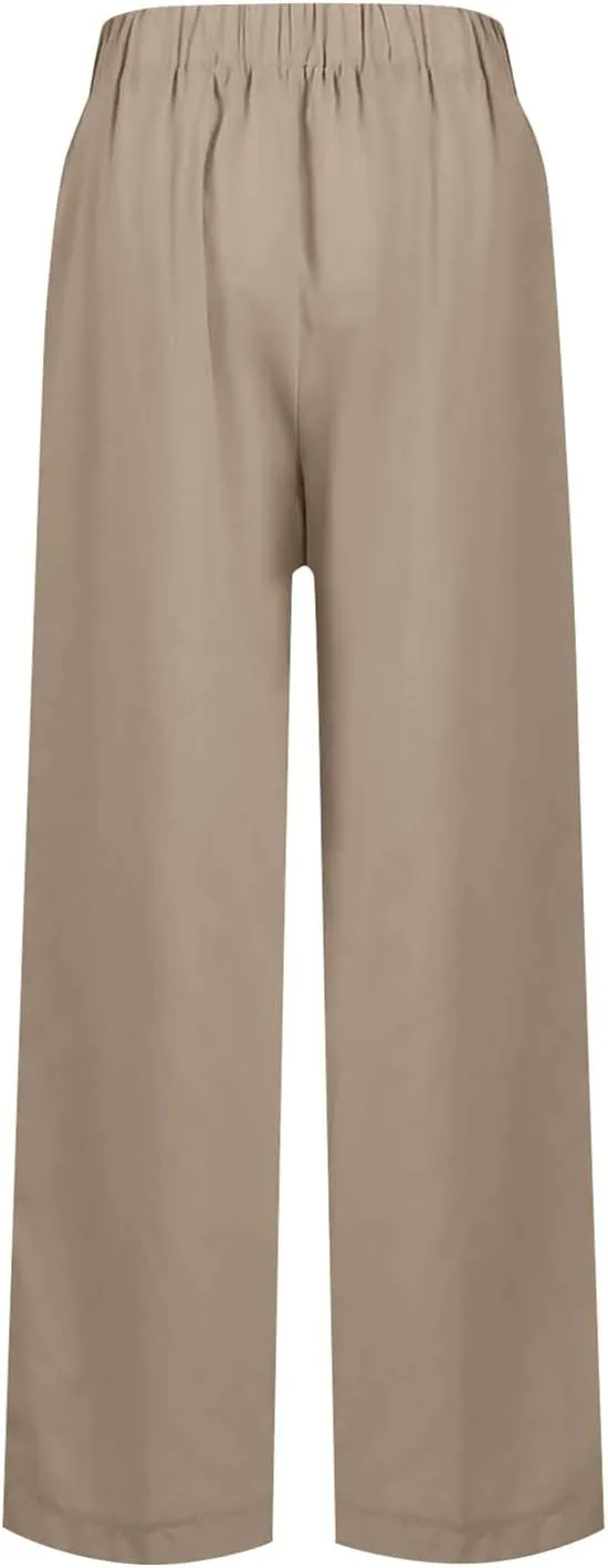 Wide Leg Pants for Women Linen Cotton Summer Flowy High Waisted Drawstring Yoga Pants Baggy Trousers with Pockets