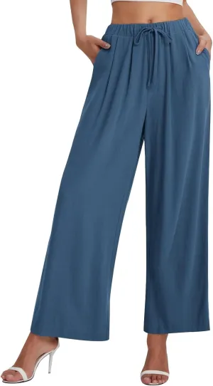 Wide Leg Pants for Women Linen Cotton Summer Flowy High Waisted Drawstring Yoga Pants Baggy Trousers with Pockets