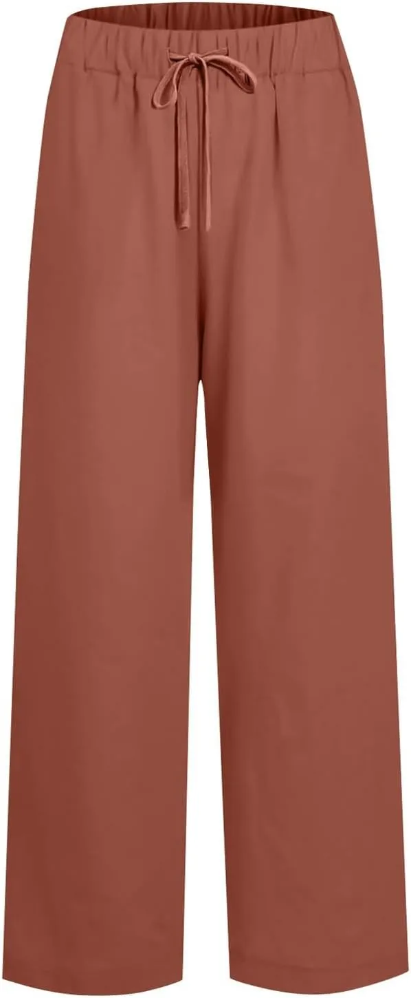 Wide Leg Pants for Women Linen Cotton Summer Flowy High Waisted Drawstring Yoga Pants Baggy Trousers with Pockets
