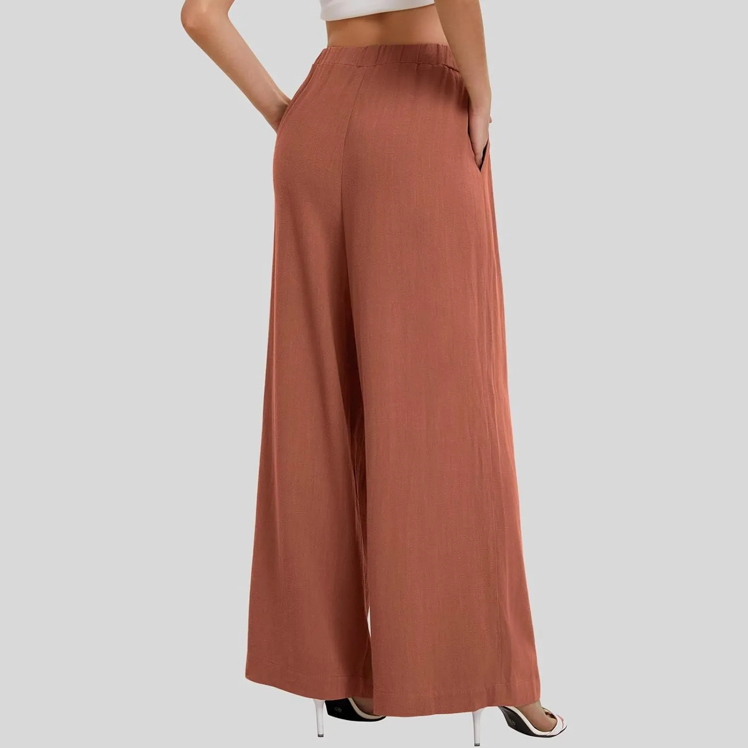Wide Leg Pants for Women Linen Cotton Summer Flowy High Waisted Drawstring Yoga Pants Baggy Trousers with Pockets