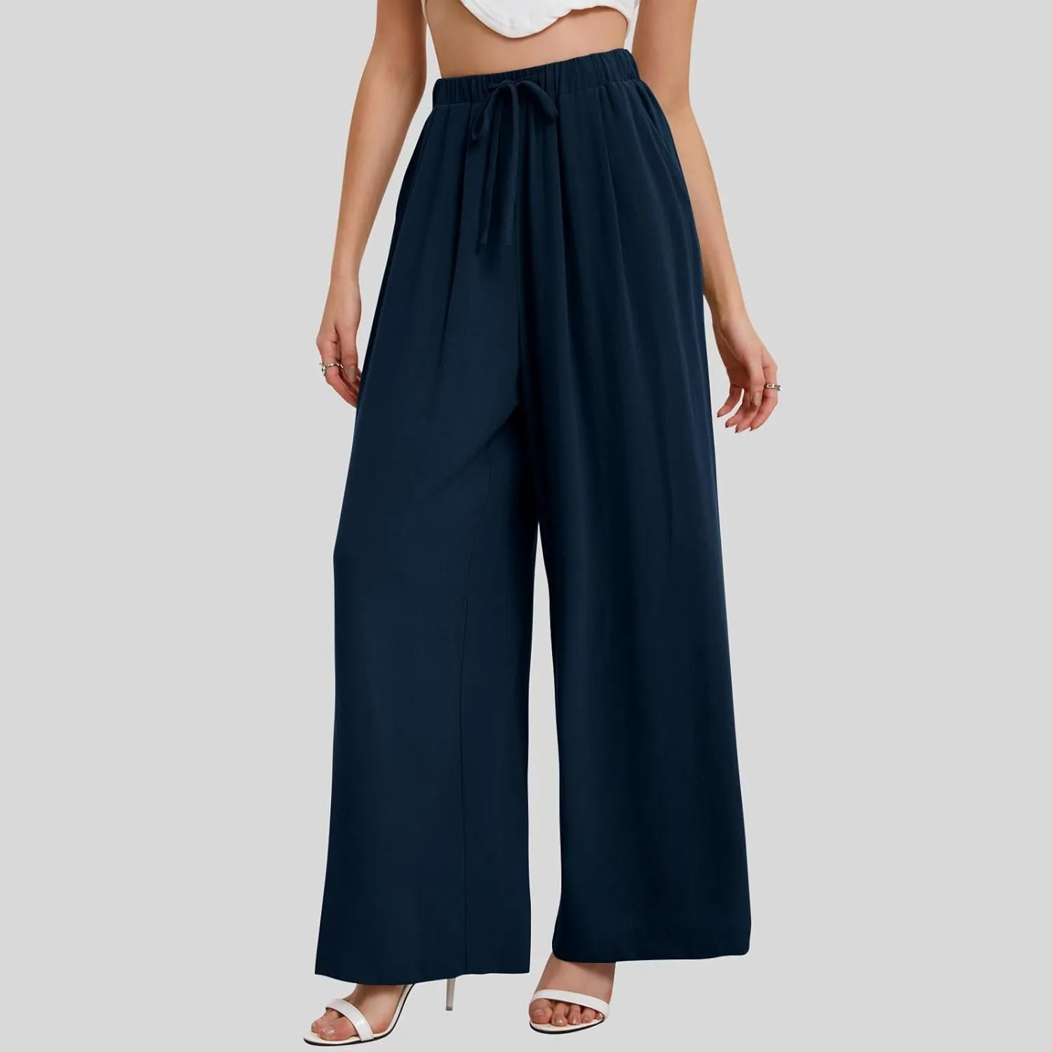Wide Leg Pants for Women Linen Cotton Summer Flowy High Waisted Drawstring Yoga Pants Baggy Trousers with Pockets