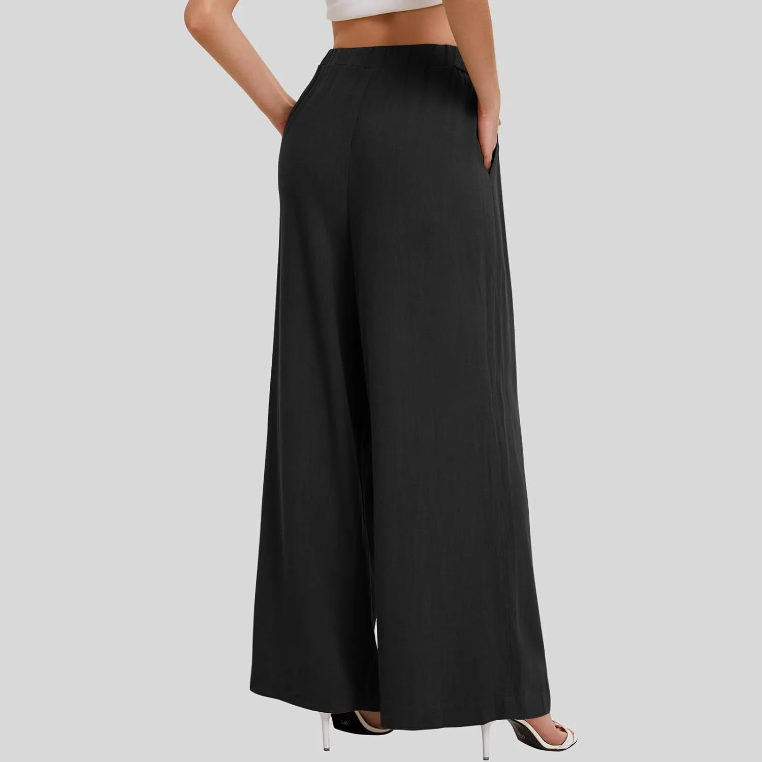 Wide Leg Pants for Women Linen Cotton Summer Flowy High Waisted Drawstring Yoga Pants Baggy Trousers with Pockets
