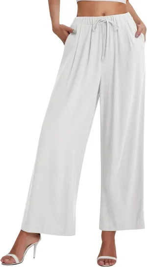 Wide Leg Pants for Women Linen Cotton Summer Flowy High Waisted Drawstring Yoga Pants Baggy Trousers with Pockets