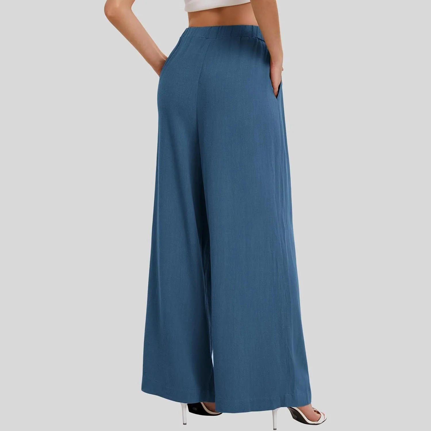 Wide Leg Pants for Women Linen Cotton Summer Flowy High Waisted Drawstring Yoga Pants Baggy Trousers with Pockets