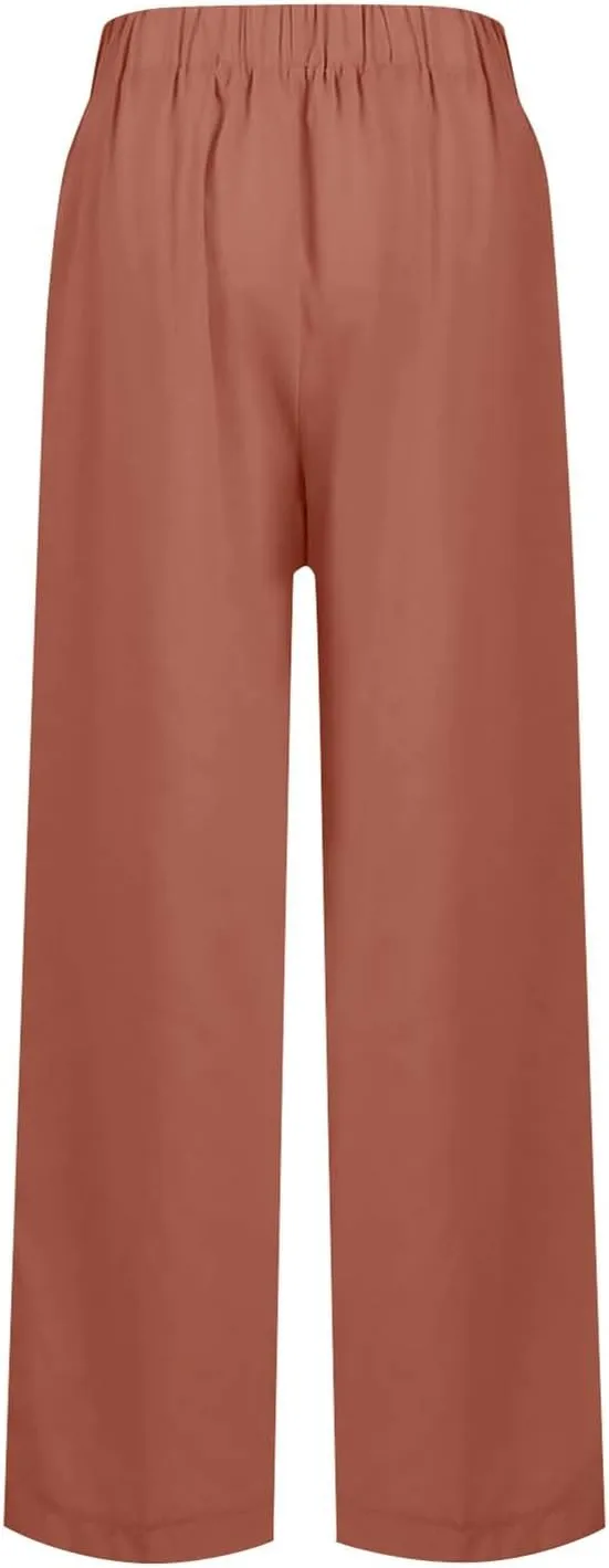 Wide Leg Pants for Women Linen Cotton Summer Flowy High Waisted Drawstring Yoga Pants Baggy Trousers with Pockets