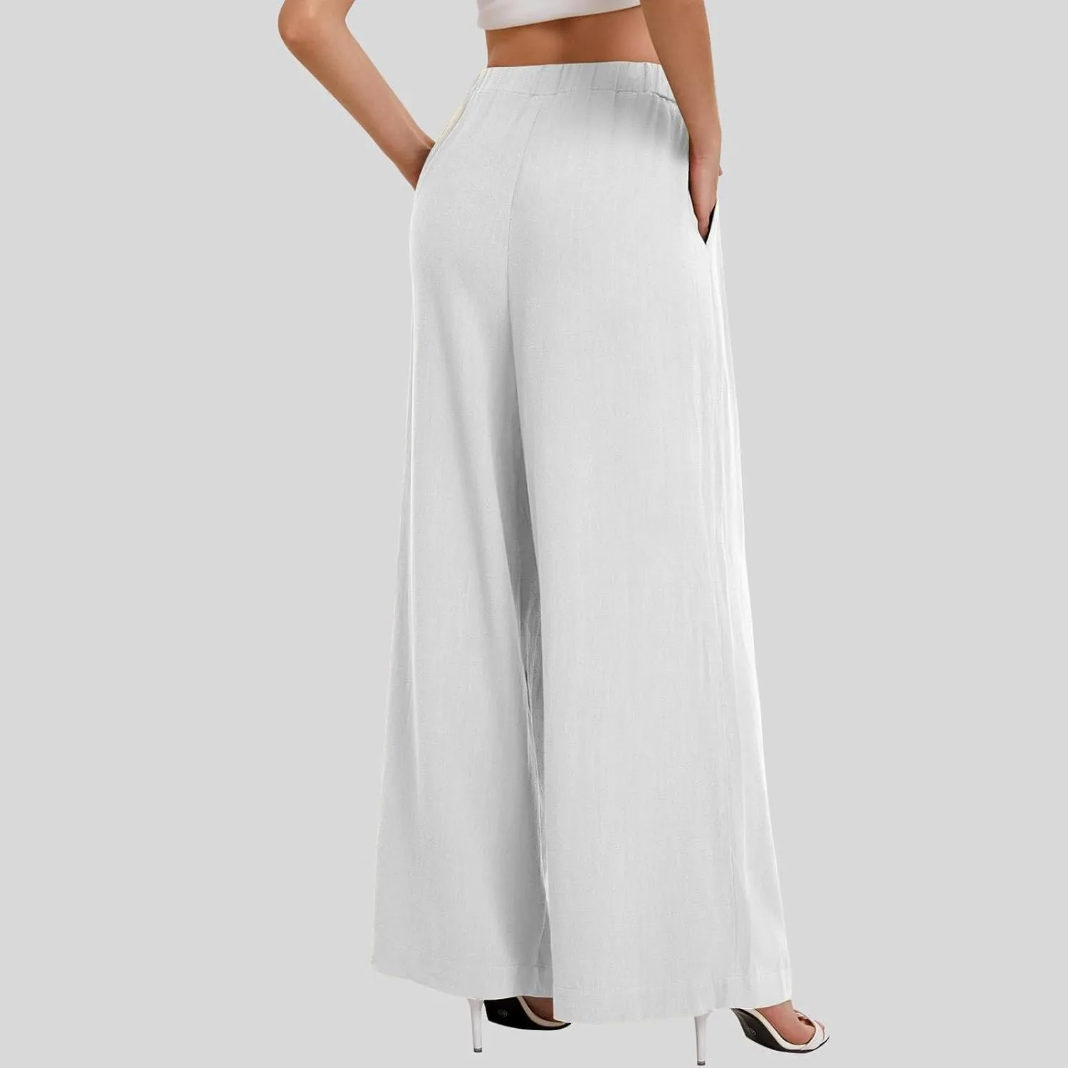 Wide Leg Pants for Women Linen Cotton Summer Flowy High Waisted Drawstring Yoga Pants Baggy Trousers with Pockets