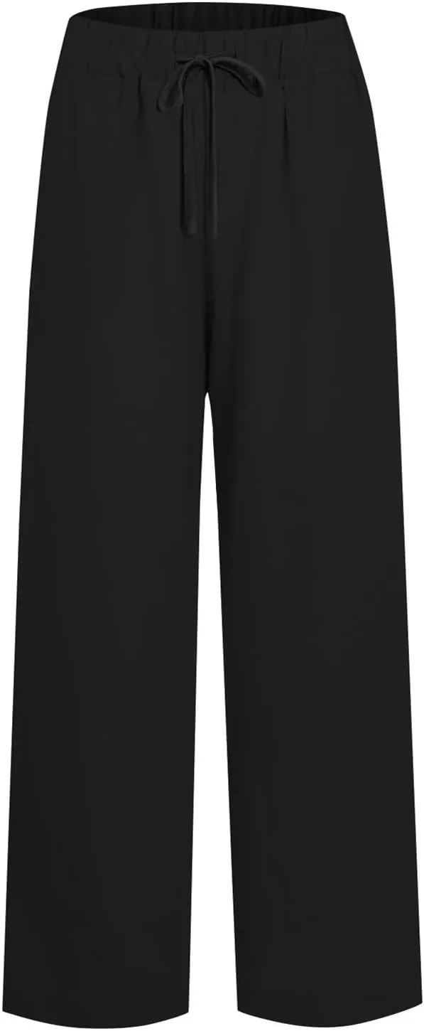 Wide Leg Pants for Women Linen Cotton Summer Flowy High Waisted Drawstring Yoga Pants Baggy Trousers with Pockets