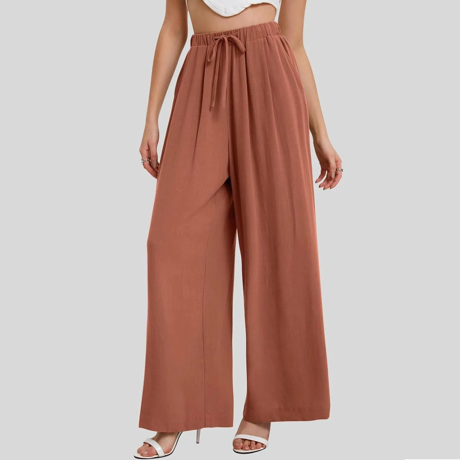 Wide Leg Pants for Women Linen Cotton Summer Flowy High Waisted Drawstring Yoga Pants Baggy Trousers with Pockets