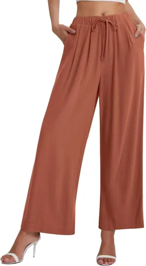 Wide Leg Pants for Women Linen Cotton Summer Flowy High Waisted Drawstring Yoga Pants Baggy Trousers with Pockets