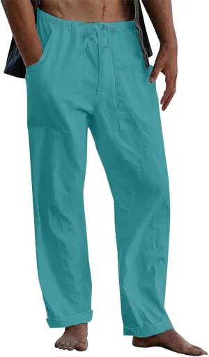 Wide Leg Pants Mens Linen Pants Summer Beach Pants Drawstring Yoga Trousers Casual Baggy Pants Lounge Sweatpants