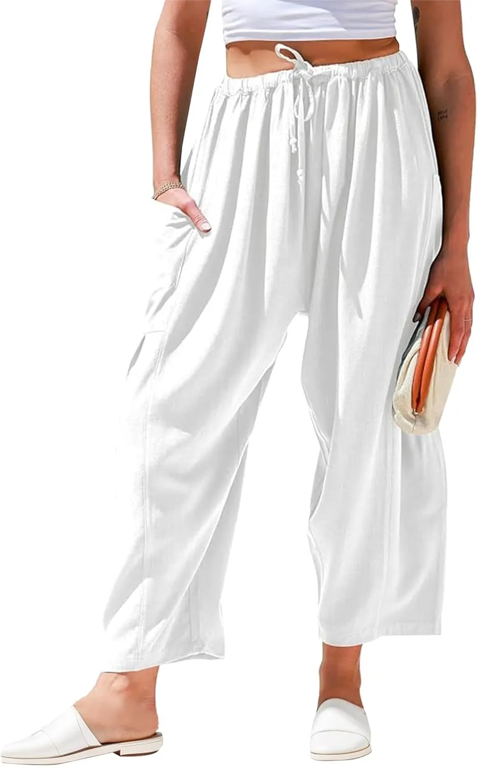 Wide Leg Pants Woman Linen Drawstring Low Rise Harem Pants Fashion Cropped Palazzo Pants Casual Summer Pants