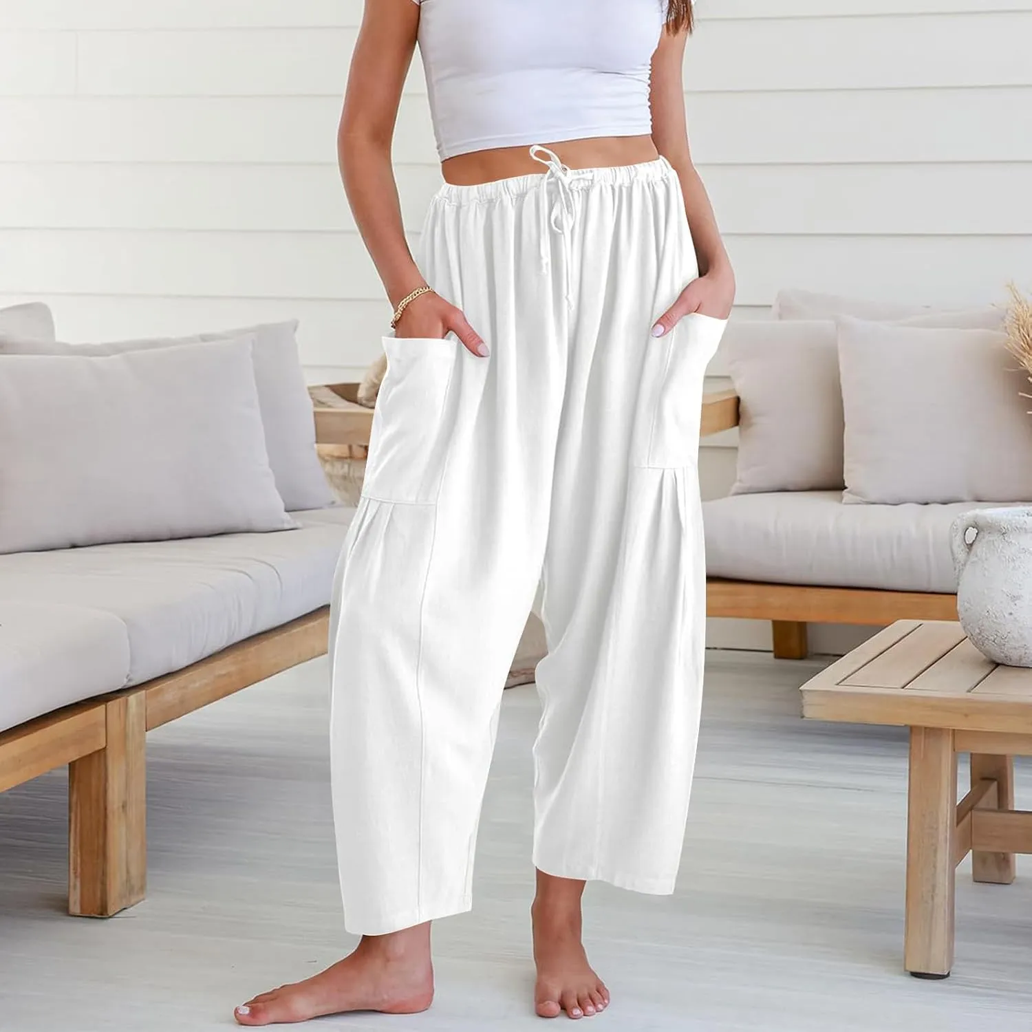 Wide Leg Pants Woman Linen Drawstring Low Rise Harem Pants Fashion Cropped Palazzo Pants Casual Summer Pants