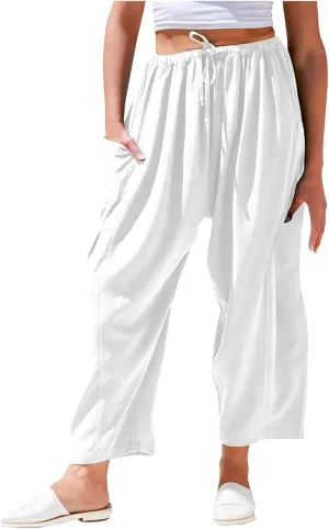 Wide Leg Pants Woman Linen Drawstring Low Rise Harem Pants Fashion Cropped Palazzo Pants Casual Summer Pants