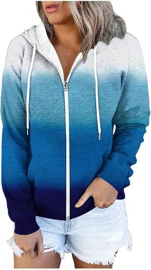 Winter Coats for Women Full Zip Drawstring Hoodies Gradient Long Sleeve Fall Jackets with Pockets Outdoor
